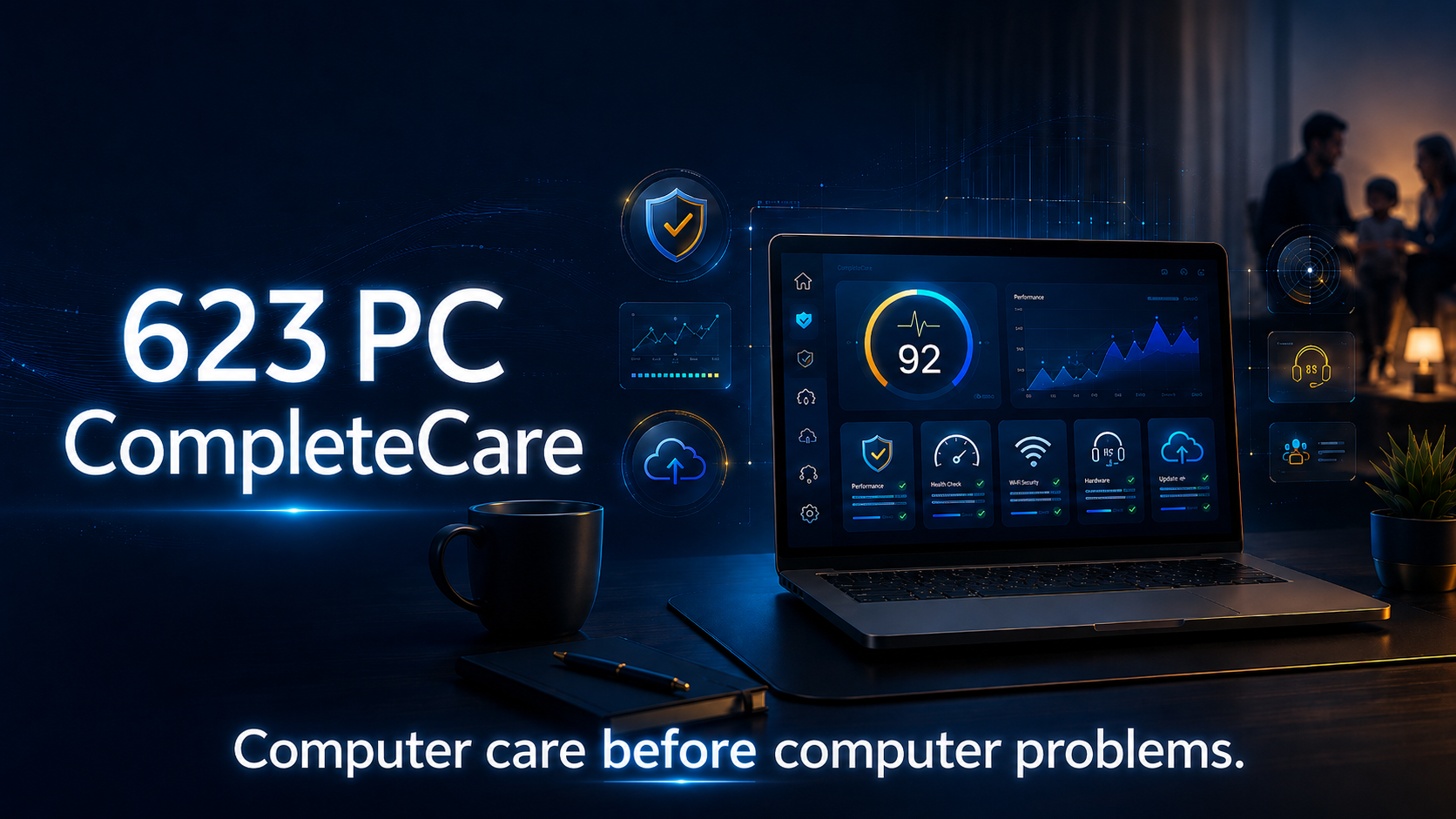 623 PC CompleteCare hero header showing proactive Windows computer care dashboard and family technology support